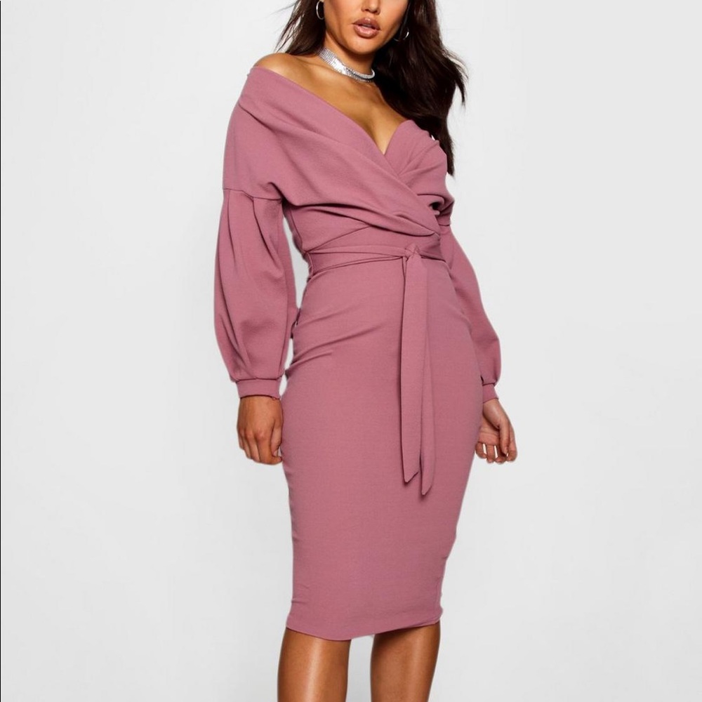 Off the shoulder wrap midi dress